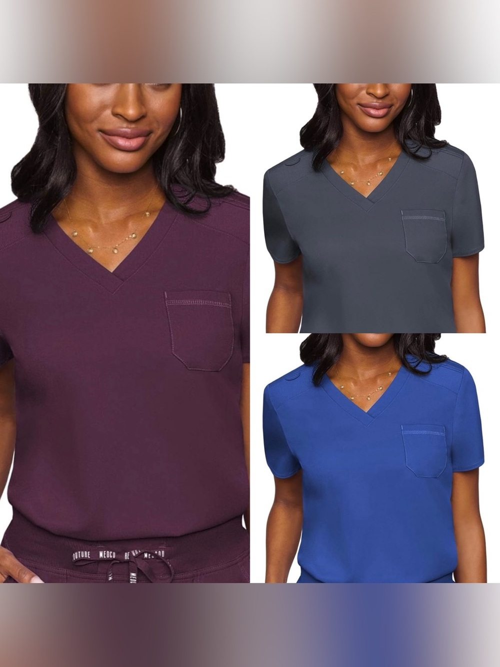 Med Couture V-Neck Scrub Tops in Wine, Gray & Royal Blue